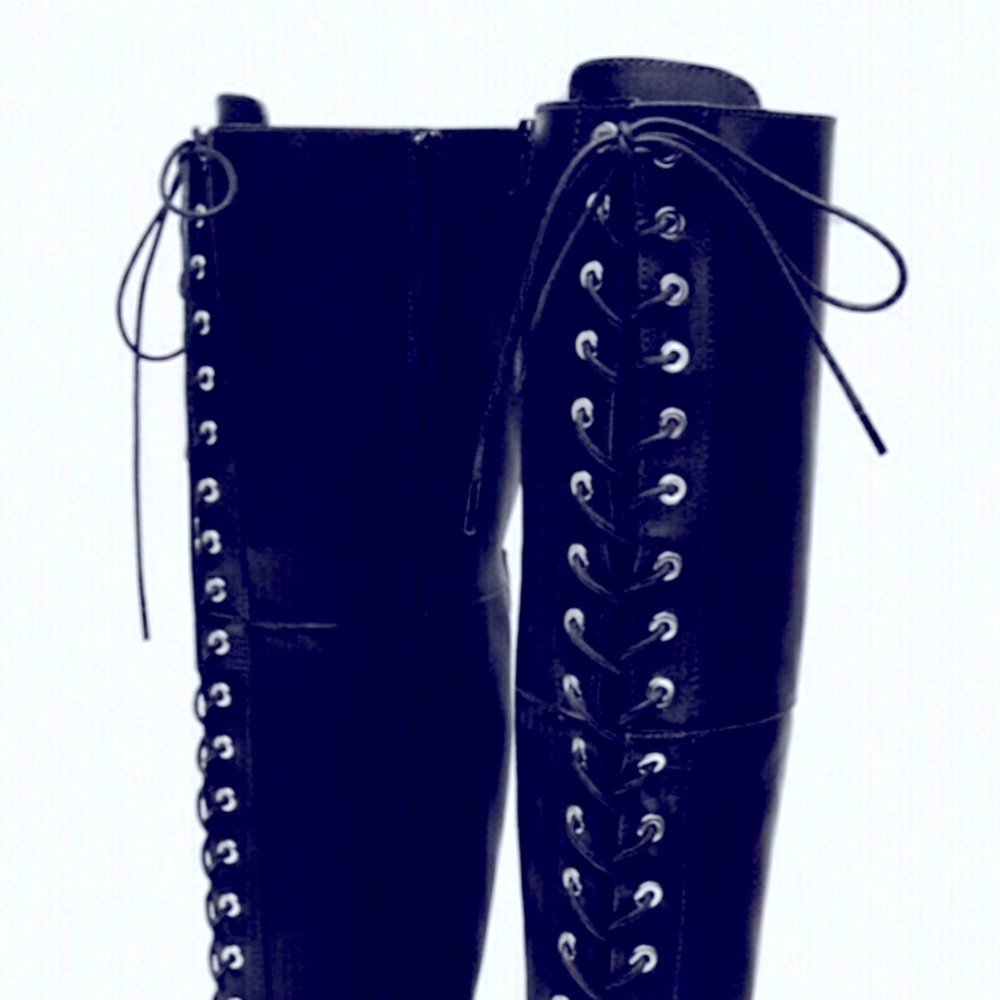 NWOT Zara Thigh High Genuine Leather Lace Up Boots Lug Sole. - Picture 3 of 16